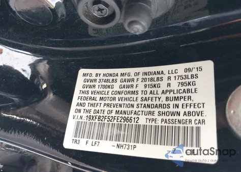 2015 Honda Civic Lx from USA, damaged, VIN 19XFB2F52FE296612